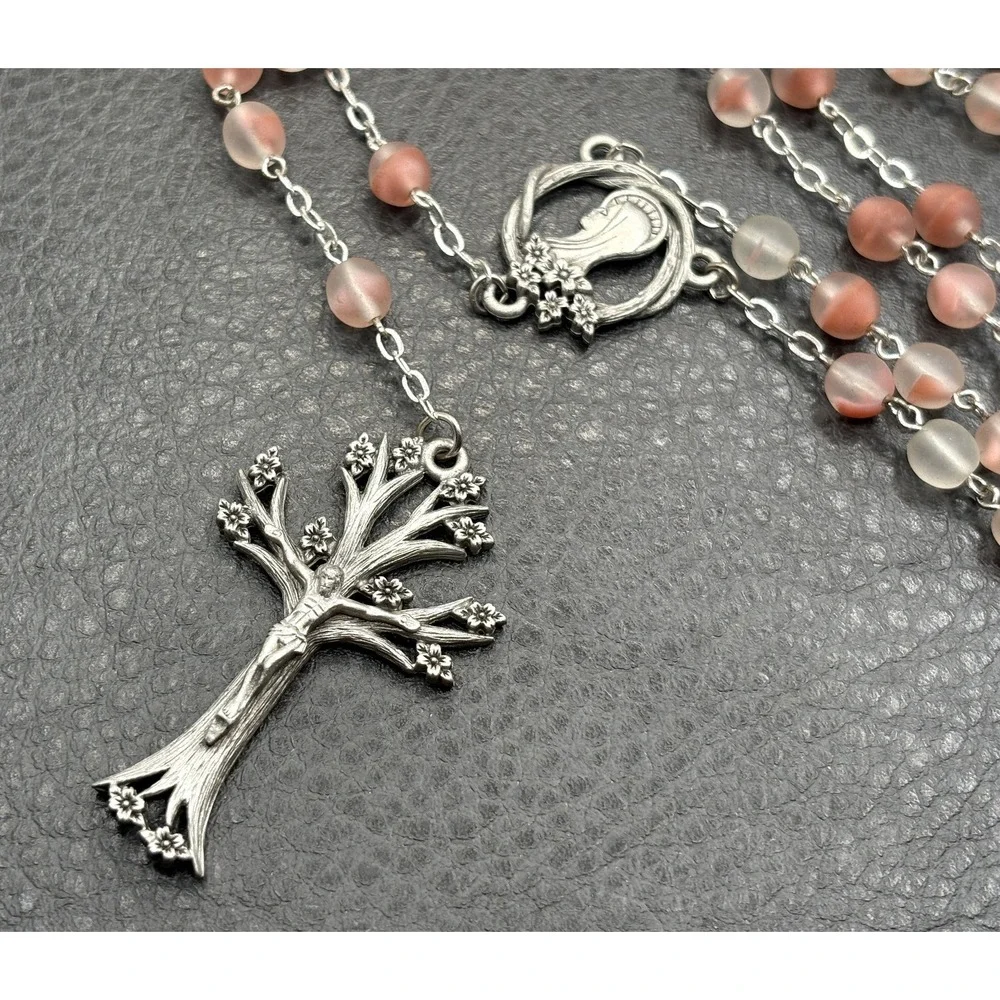 Dogwood Tree Pink Glass Rosary Bead Necklace Cross Pendant Silver Tone Boho